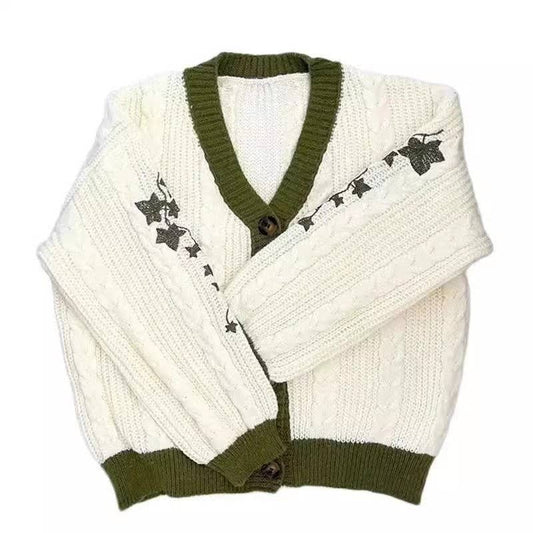 LEAF EMBROIDERY LANTERN SLEEVE LOOSE CARDIGAN