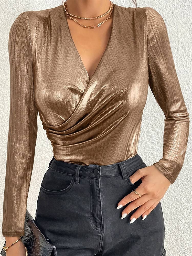 V-neck lustrous pleated top