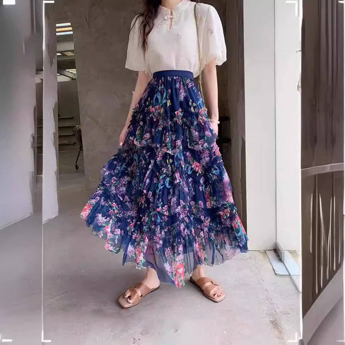 COLORFUL FLORAL MESH PRINT PLEATED TULLE SKIRT