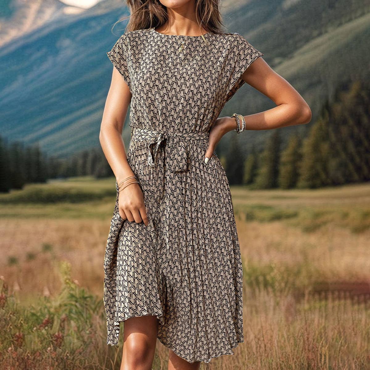 Printed pleated skirt dress for women_CWDSD3403