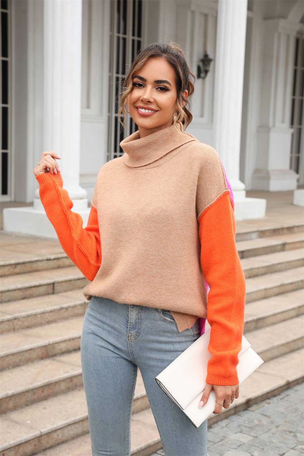 Patchwork Fashion Knit Turtleneck Sweater