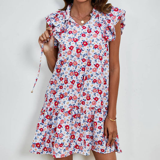 Ruffled sleeveless V-neck layered patchwork dress