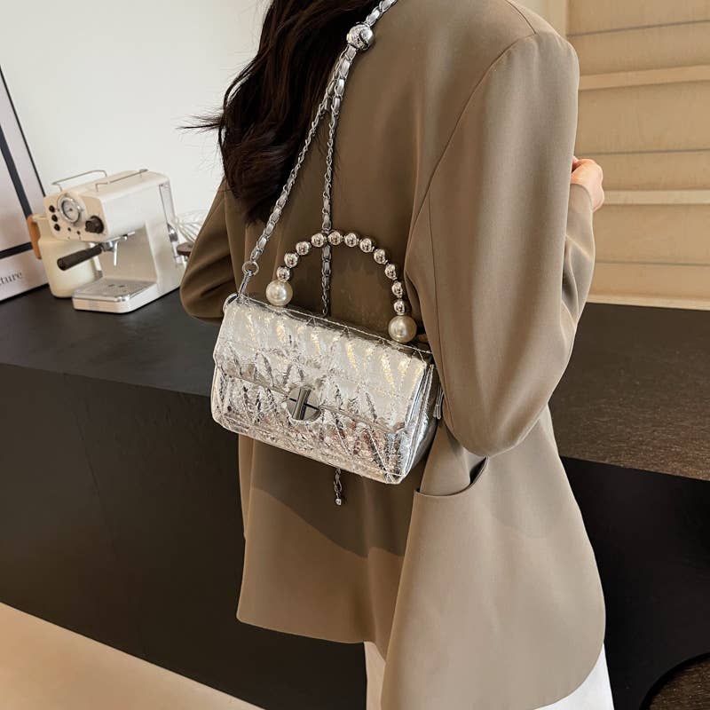 Laser pearl chain diamond single-shoulder bag