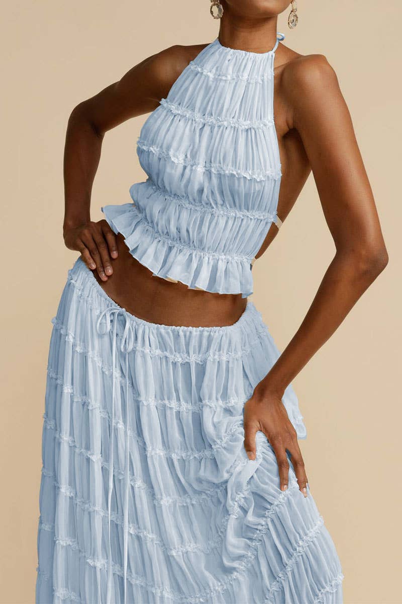 Sexy Backless Halter Lace Trim Cami Maxi Set