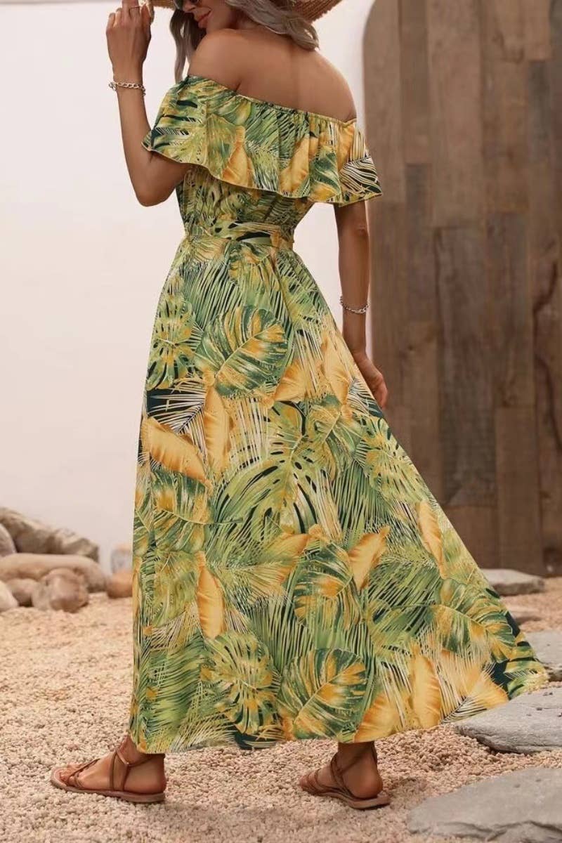 CWDMD1910_ONE-LINE SHOULDER PRINT SLIT WAIST LONG DRESS