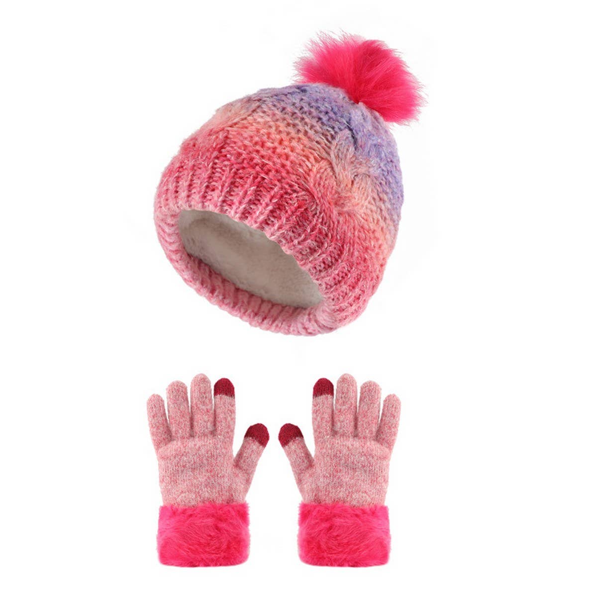 CHILDREN'S FUR BALL HAT AND GLOVES TWO-PIECE SET