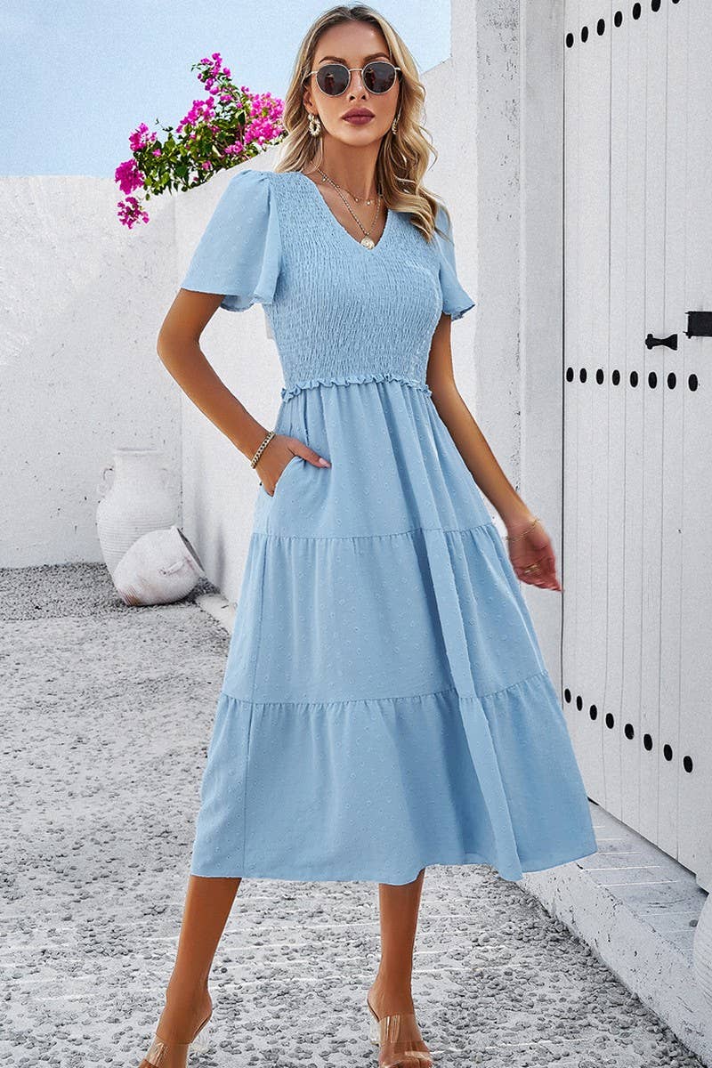 LEISURE PURE COLOR V NECK SHORT SLEEVE DRESS_CWDSD2810