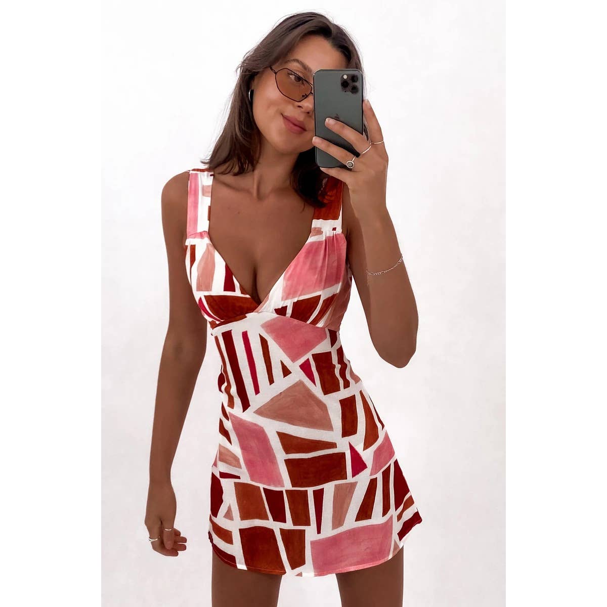 SQUARE PRINTED V-NECK SLIM SEXY SHORT DRESS