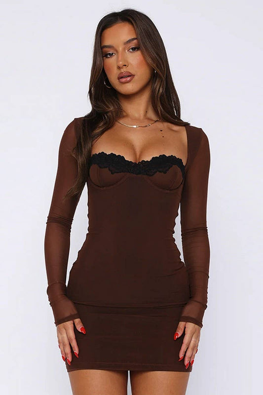 CWDSD6728_SLIM-FIT LONG-SLEEVED LACE HIP-HUGGING MINI DRESS