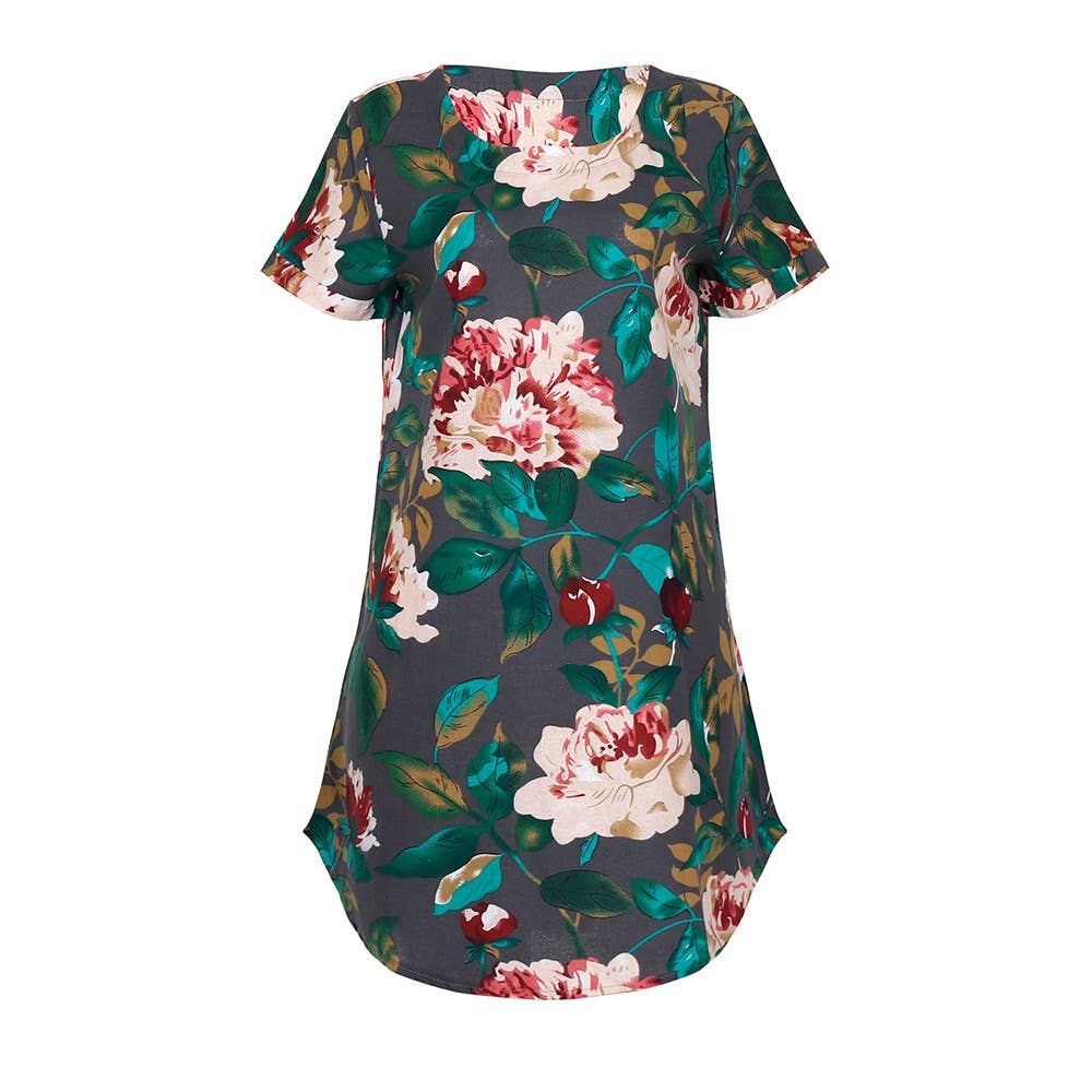 SHORT SLEEVE COTTON AND LINEN FLORAL PRINT DRESS