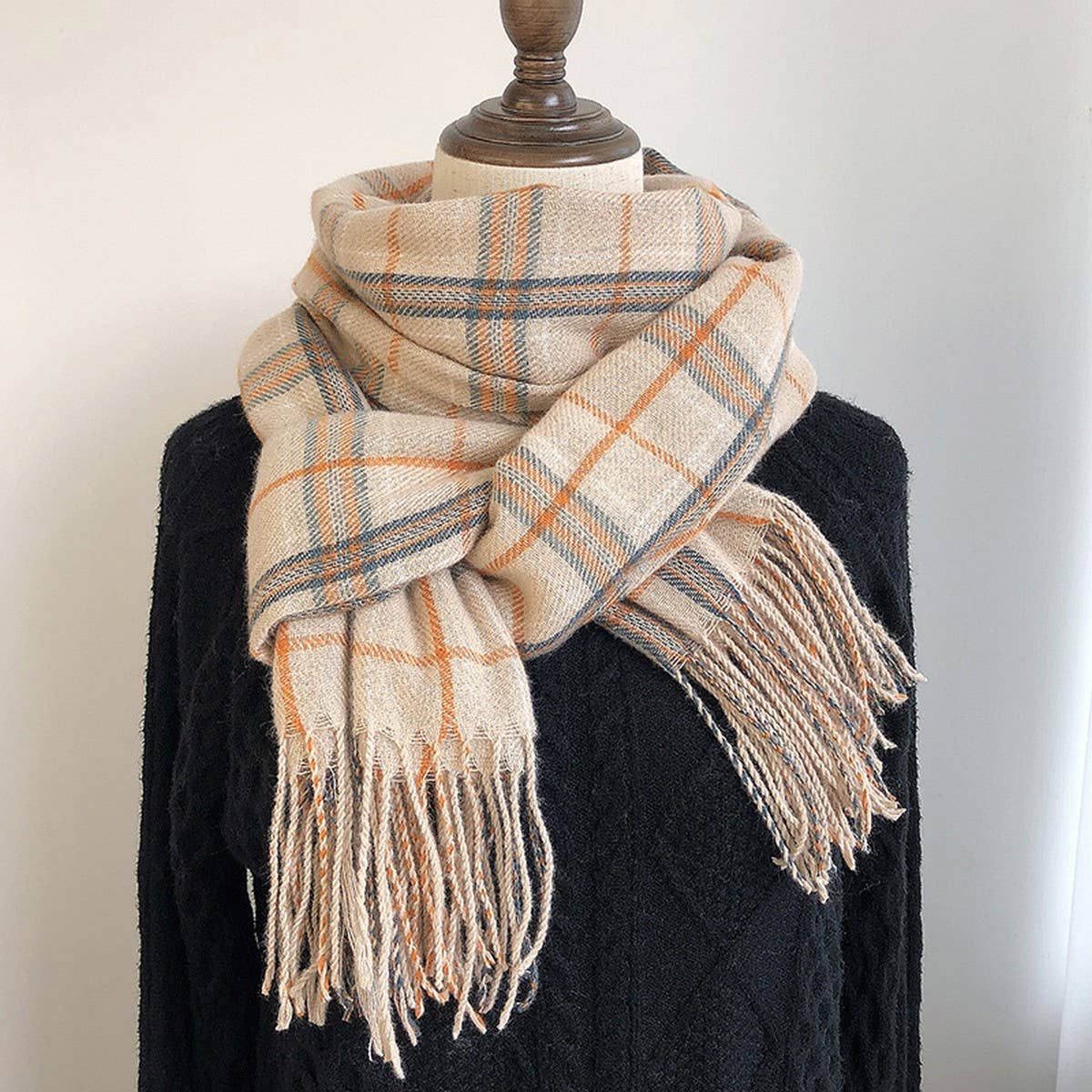 Plaid Faux Cashmere Scarf-Cozy Fringe Winter Wrap_CWASC1459