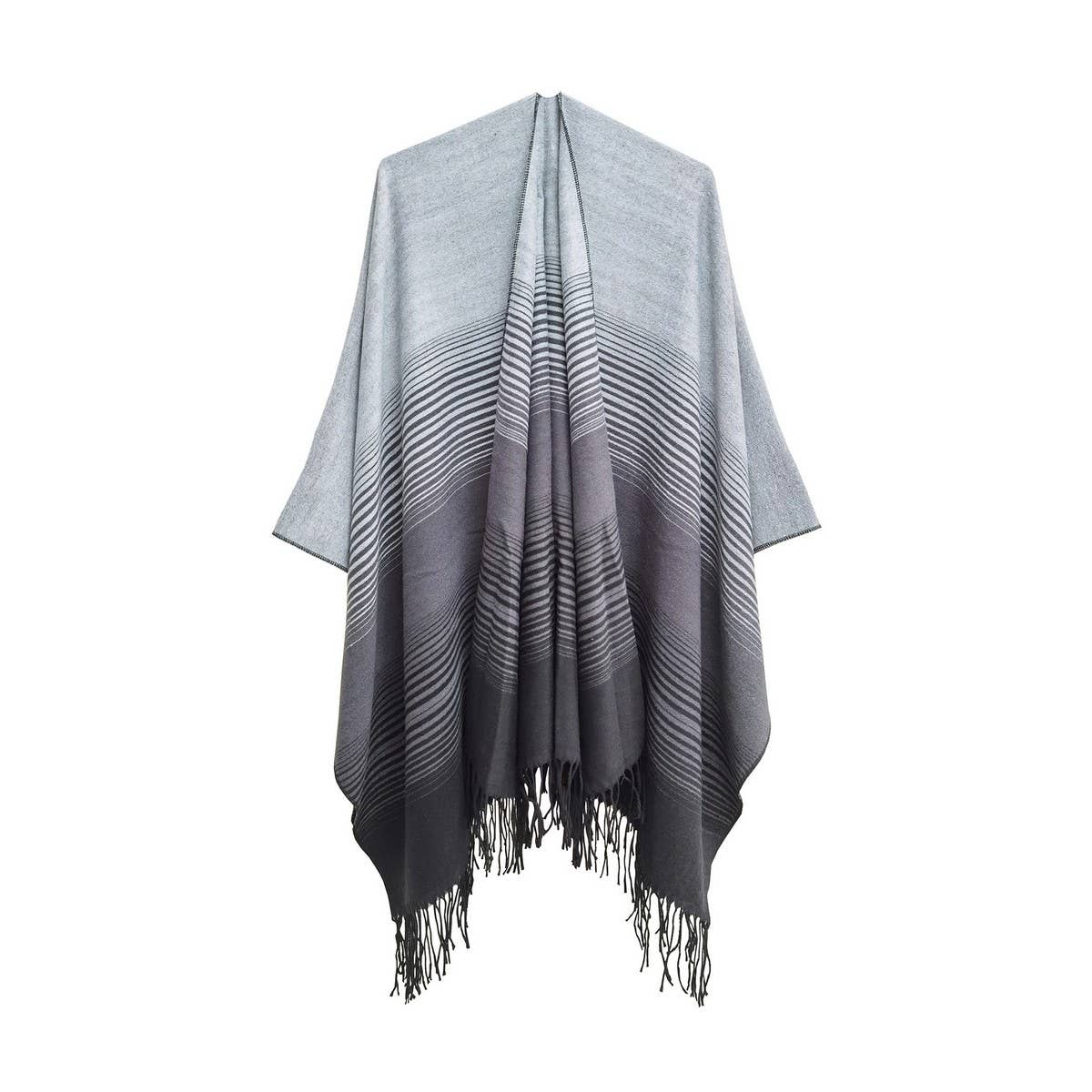 GRADIENT FINE LINES TASSELS WARM SHAWL CLOAK