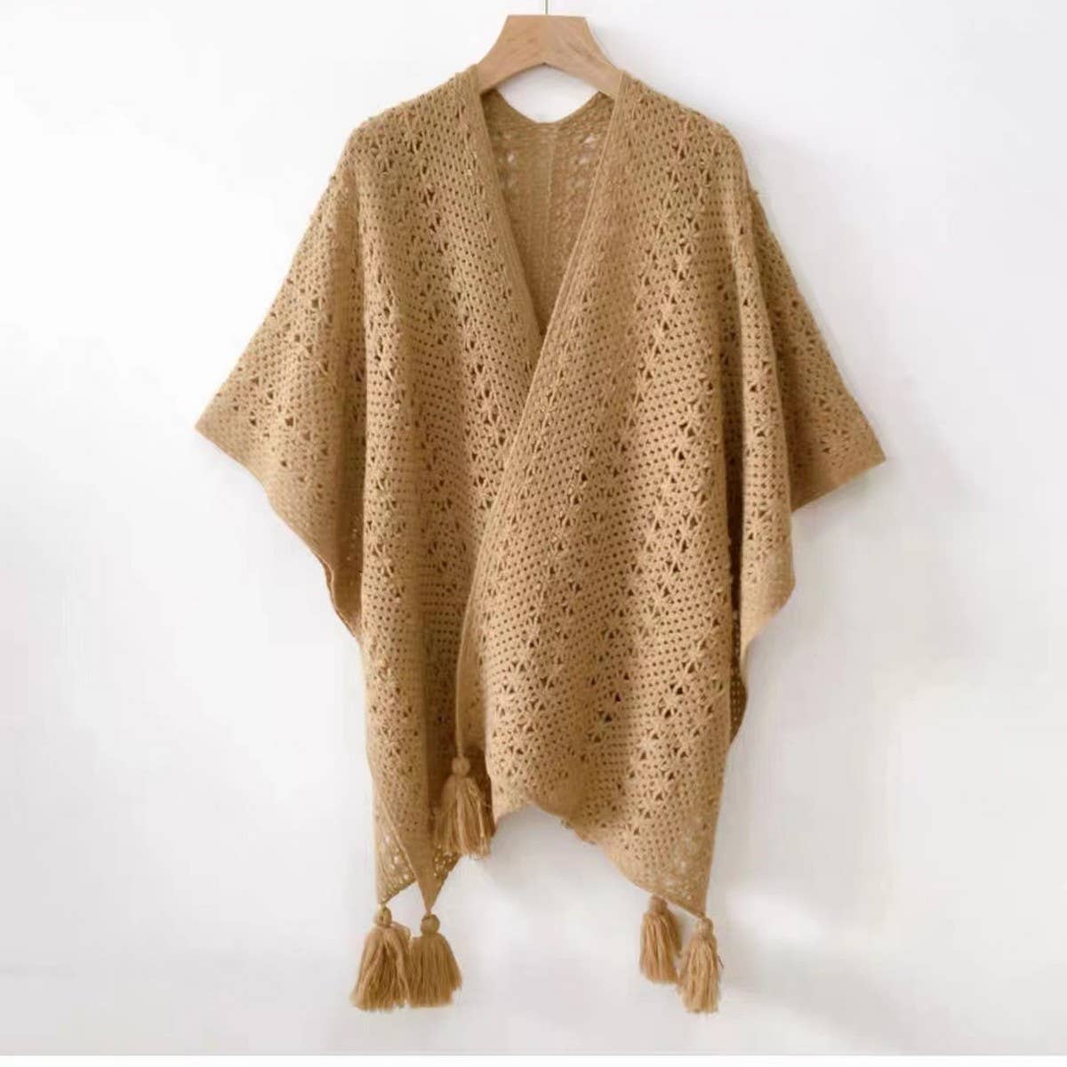 CWASC1795_VINTAGE HOLLOW KNITTED TASSEL SLIT SHAWL