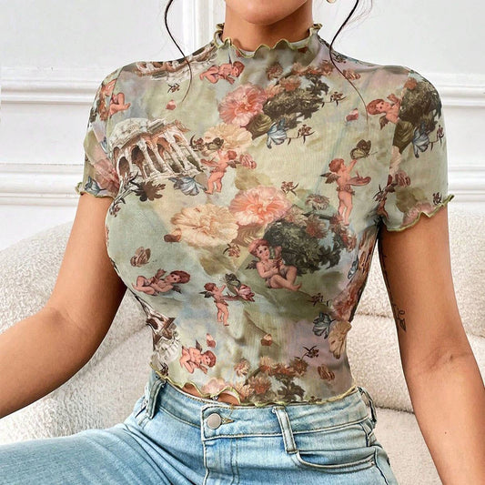 FLORAL PRINT MESH TOP WITH RUFFLE DETAILING