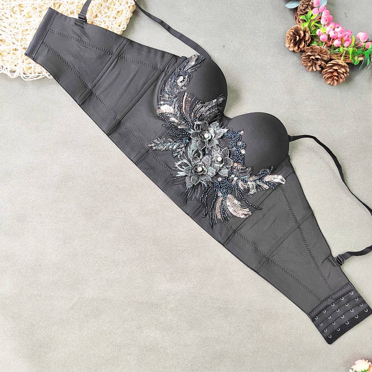 NEW EMBROIDERED FLOWER HERRINGBONE CORSET