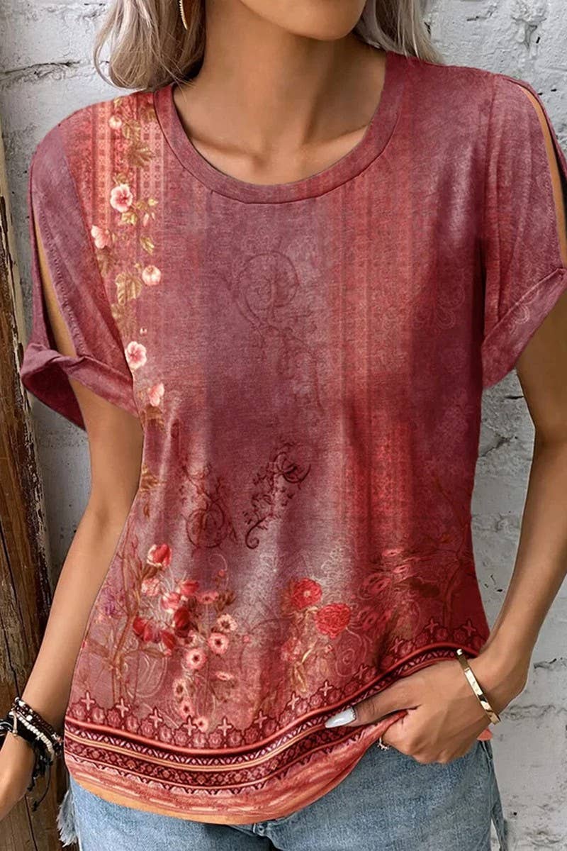 CWDSD7388_CASUAL ETHNIC STYLE SHORT-SLEEVED PRINTED T-SHIRT