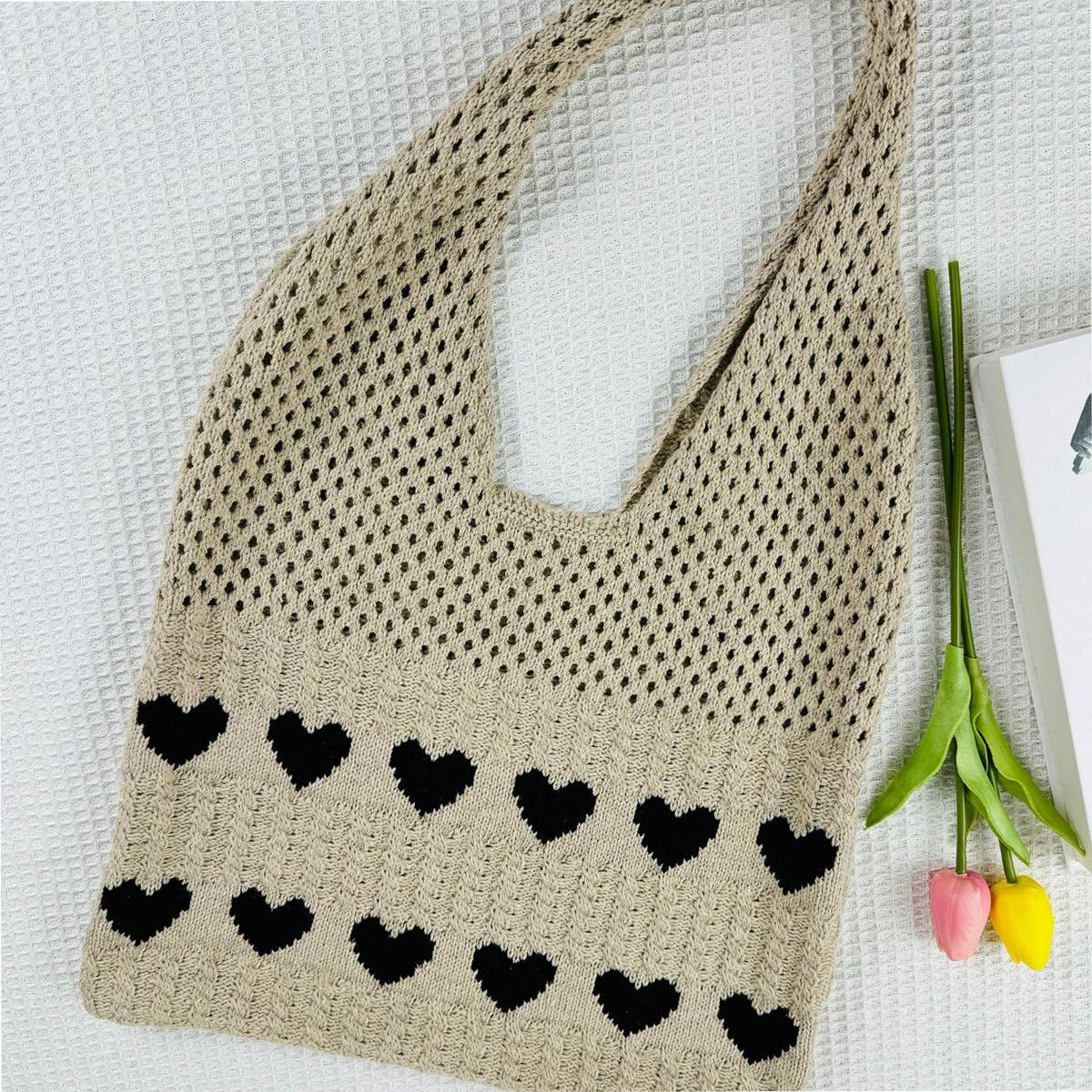 CWAB5068_HEART PATTERN WOVEN BAG LARGE CAPACITY TOTE BAG