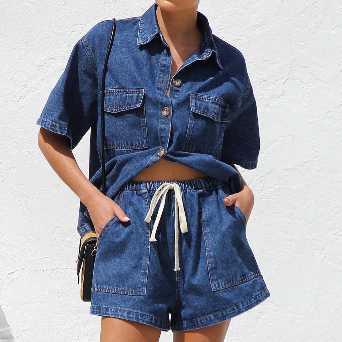 Retro casual loose pocket shirt & shorts set