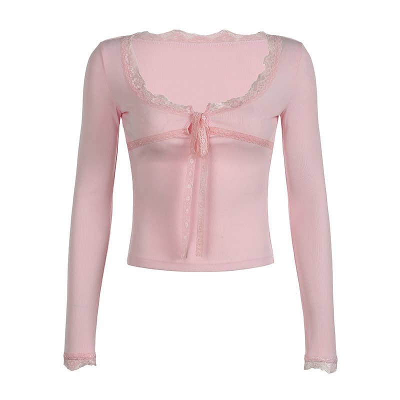 Lace patchwork slim U-neck long sleeve top