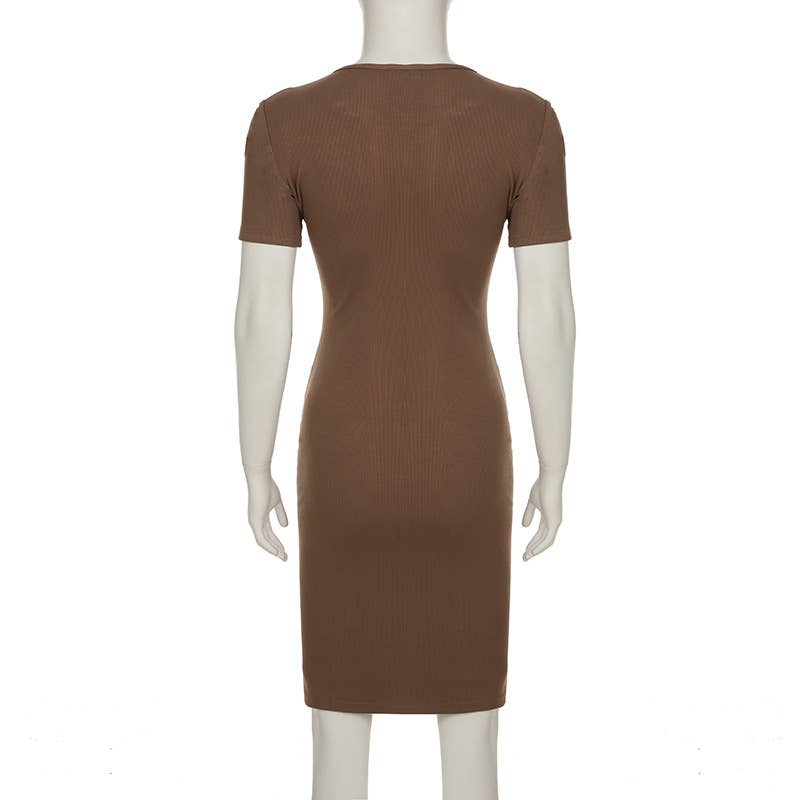 V-neck button-down waist-cinching knitted dress