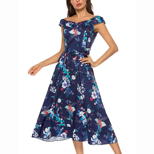 Tied waist printed long sexy short-sleeved dress