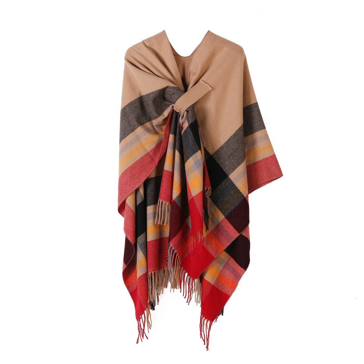 KNITTED FRINGED SHAWL DOUBLE-SIDED PLAID SCARF