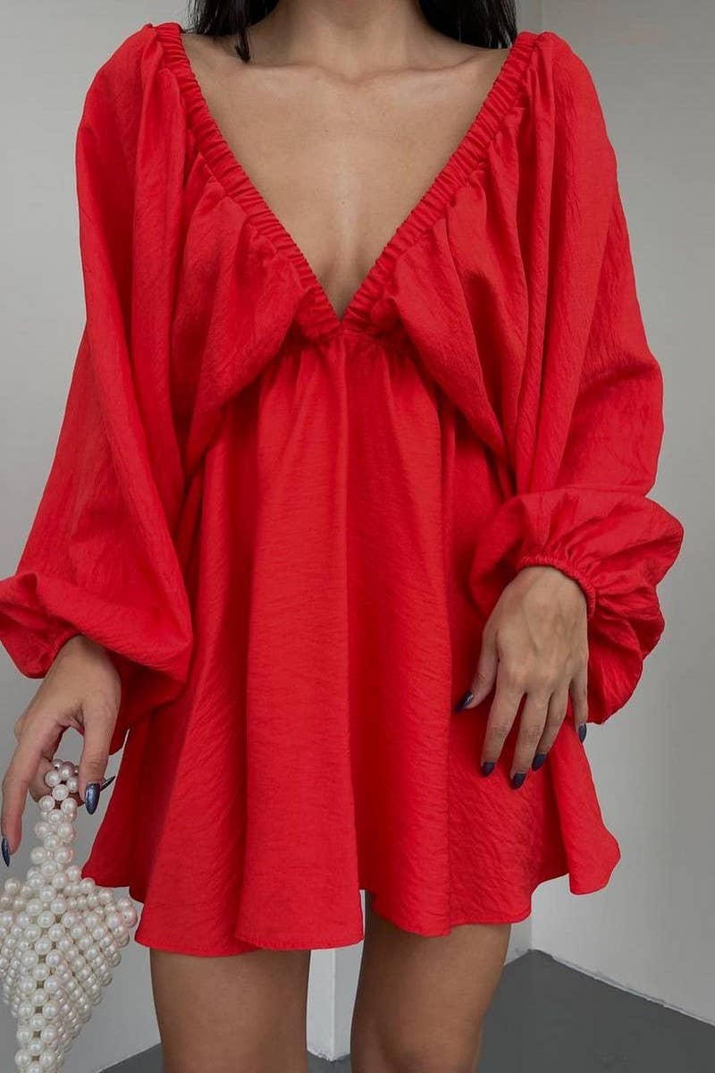 CWDSD6540_SOLID COLOR LANTERN SLEEVE V-NECK SEXY DRESS