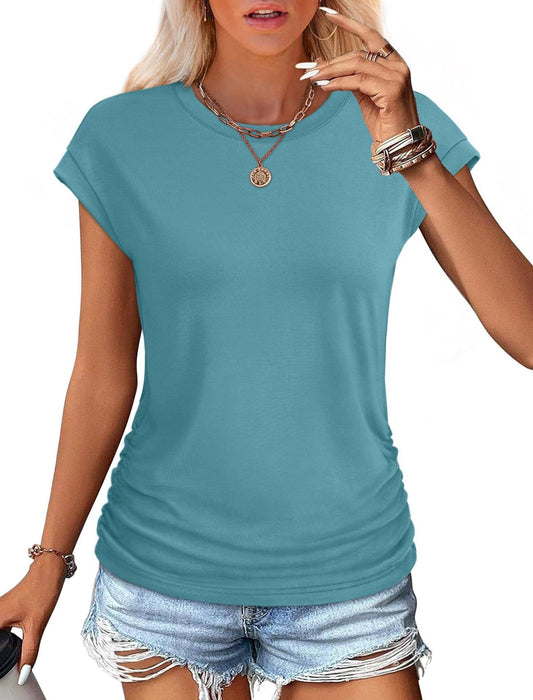 Solid color round neck waistline T-shirt