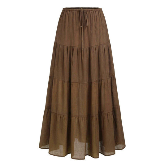 COTTON SKIRT HIGH WAIST ELASTIC TIE LONG SKIRT_CWAB4806