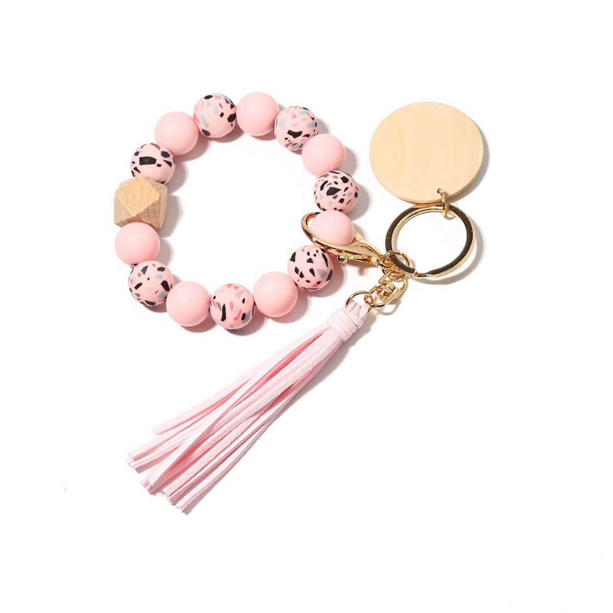 Silicone Bead Bracelet Keychain with Beech Wood