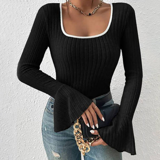 LONG SLEEVE T-SHIRT WITH SQUARE COLLAR SLIT HORN