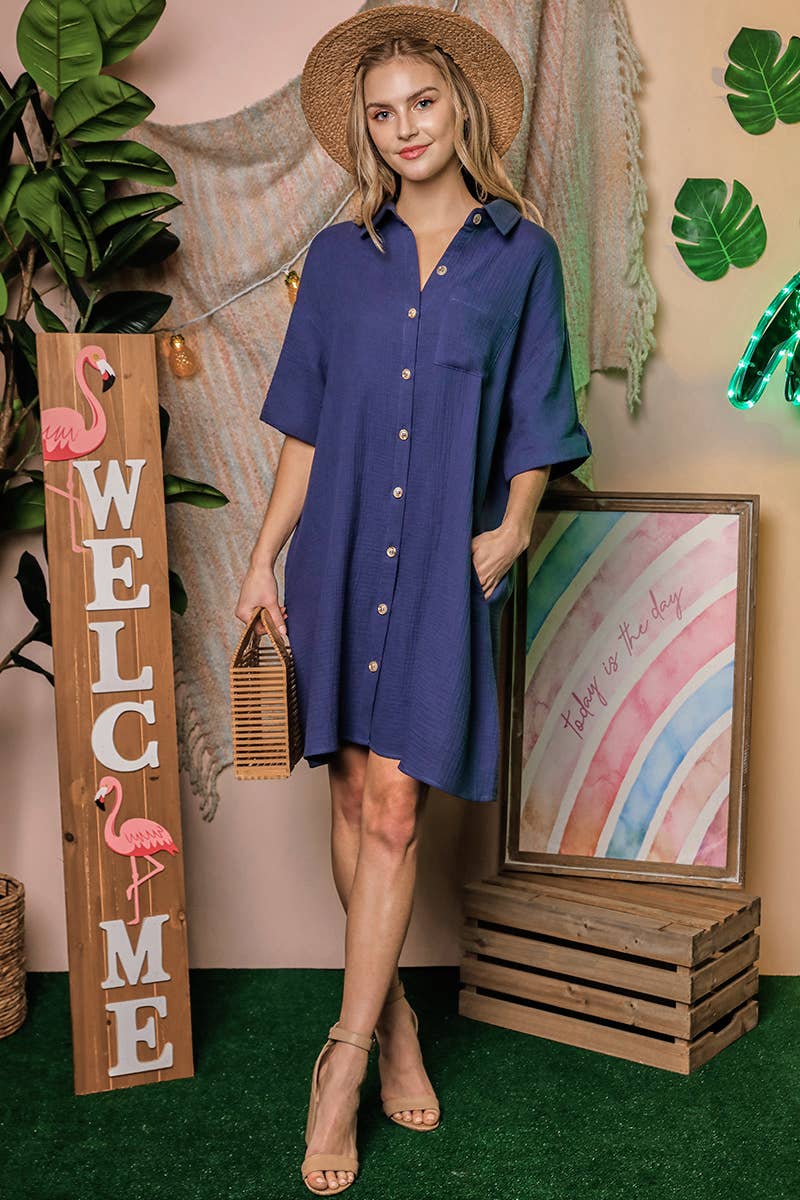 CWDSD10407_SHORT SLEEVE BUTTON DOWN MINI SHIRTS DRESS