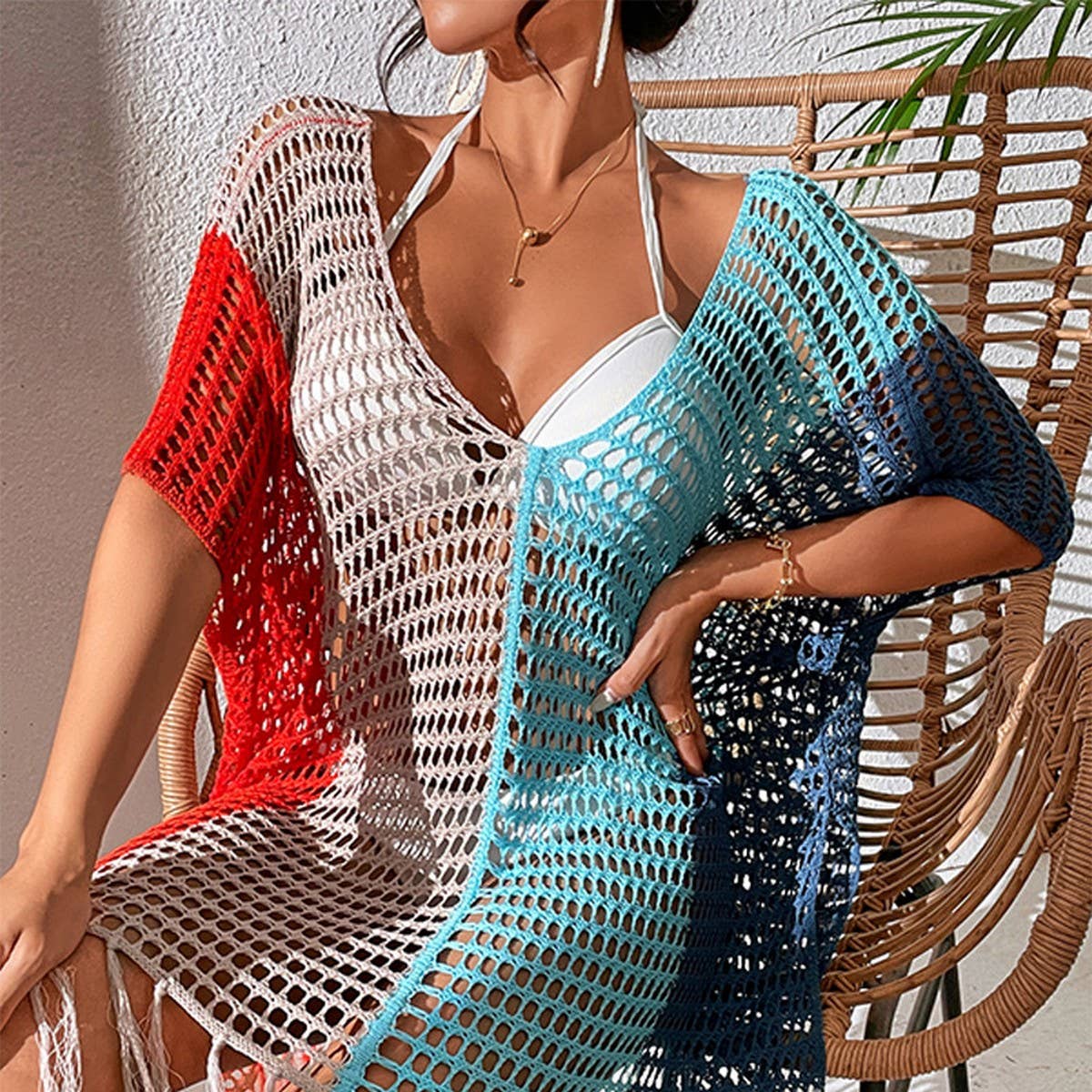 COLORFUL SEXY TASSEL HOLLOW BIKINI BEACH COVER-UP