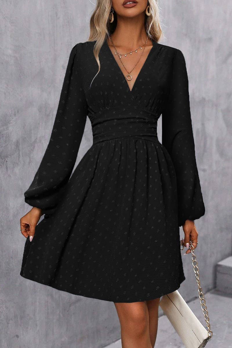 CWDSD6427_JACQUARD V-NECK LANTERN SLEEVE DRESS