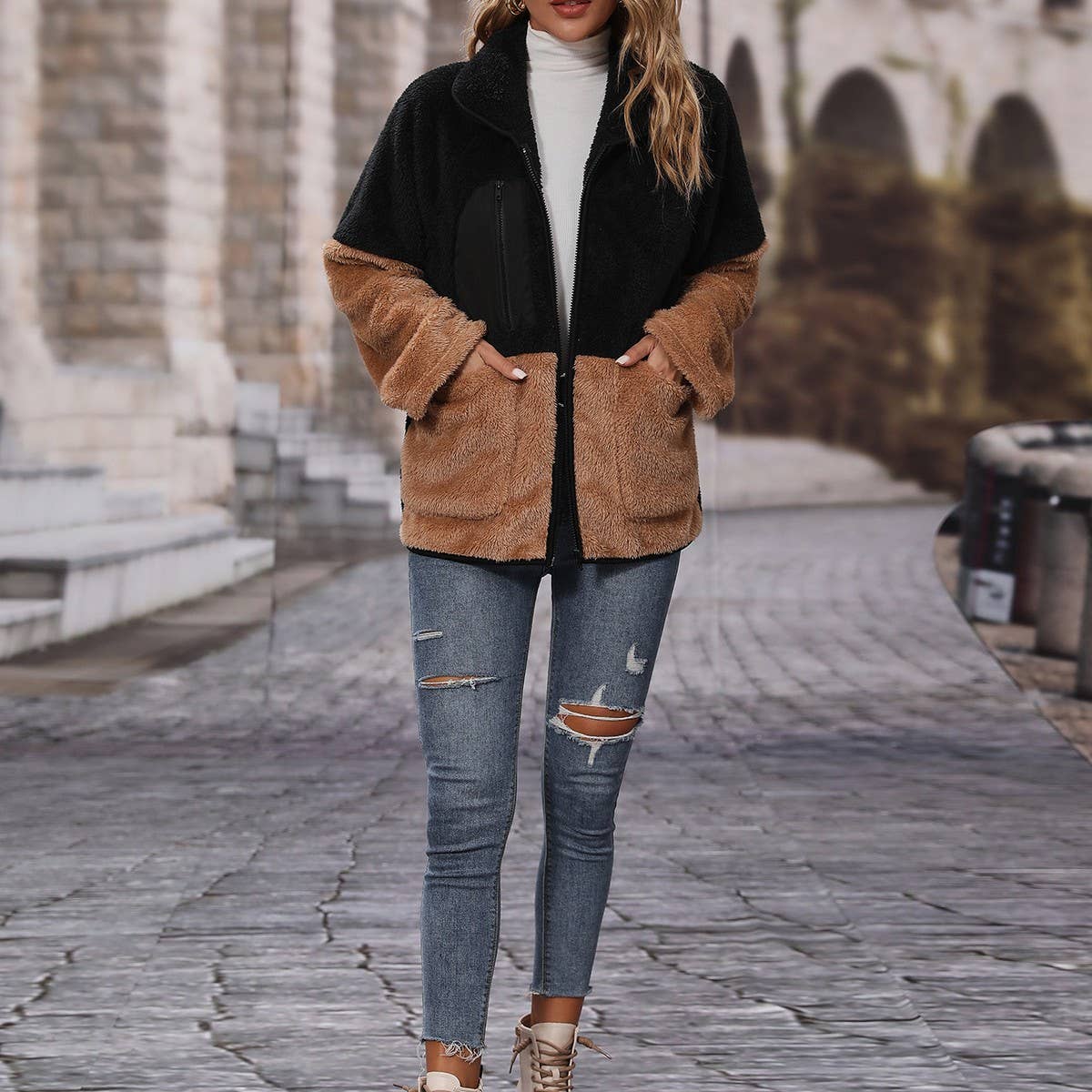 Lapel long sleeve zipper fleece jacket