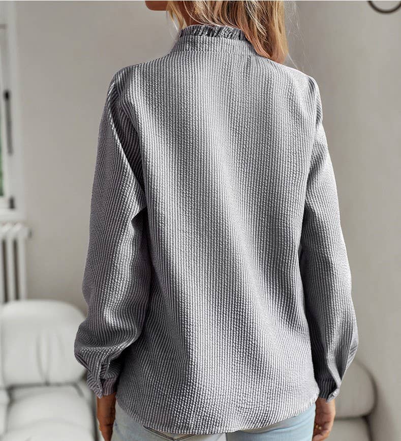 Striped ruffled long-sleeve single-breasted shirt