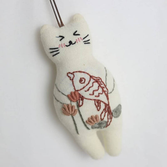 Hand-Embroidered Lotus Fish Cat Plush Charm