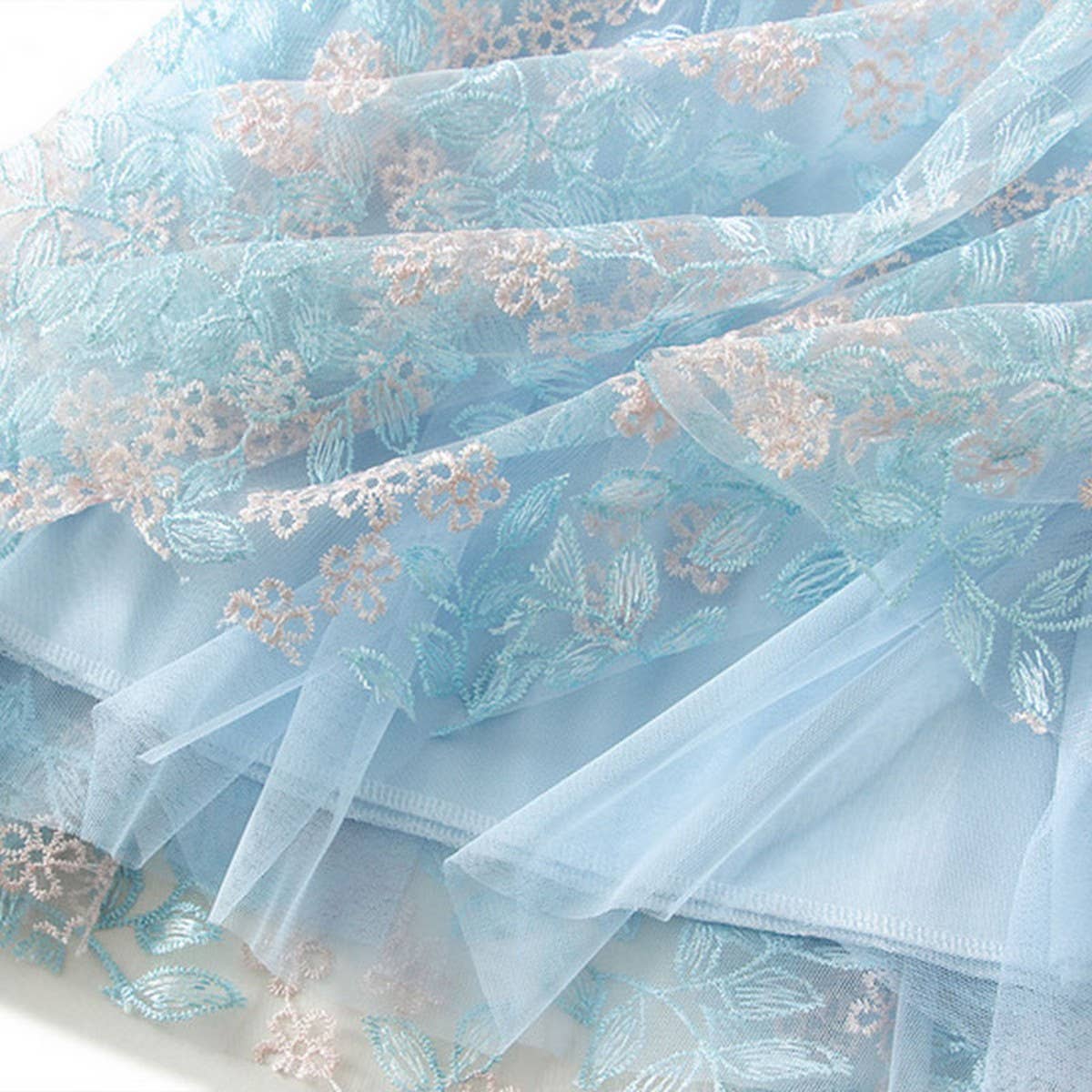 Embroidered Layered Tulle Skirt with Elastic Waist