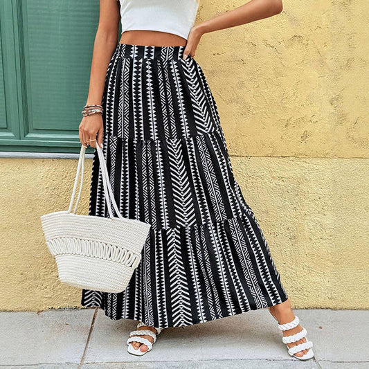 Geometric printed elastic waist patchwork skirt