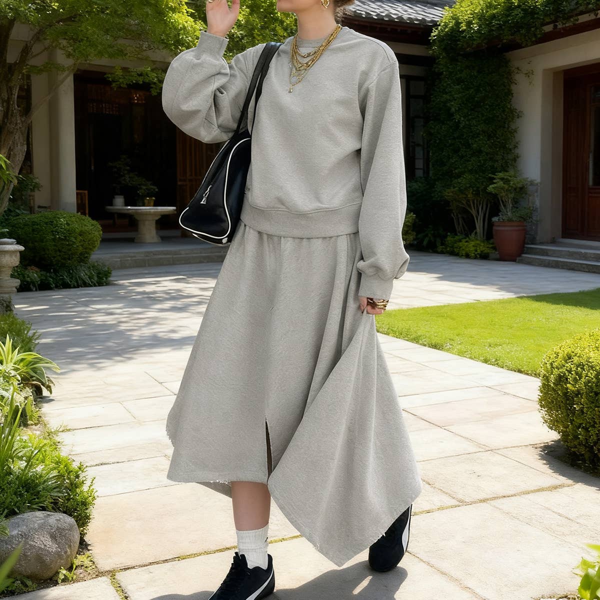 Round-neck casual sweatshirt semi-long skirt set