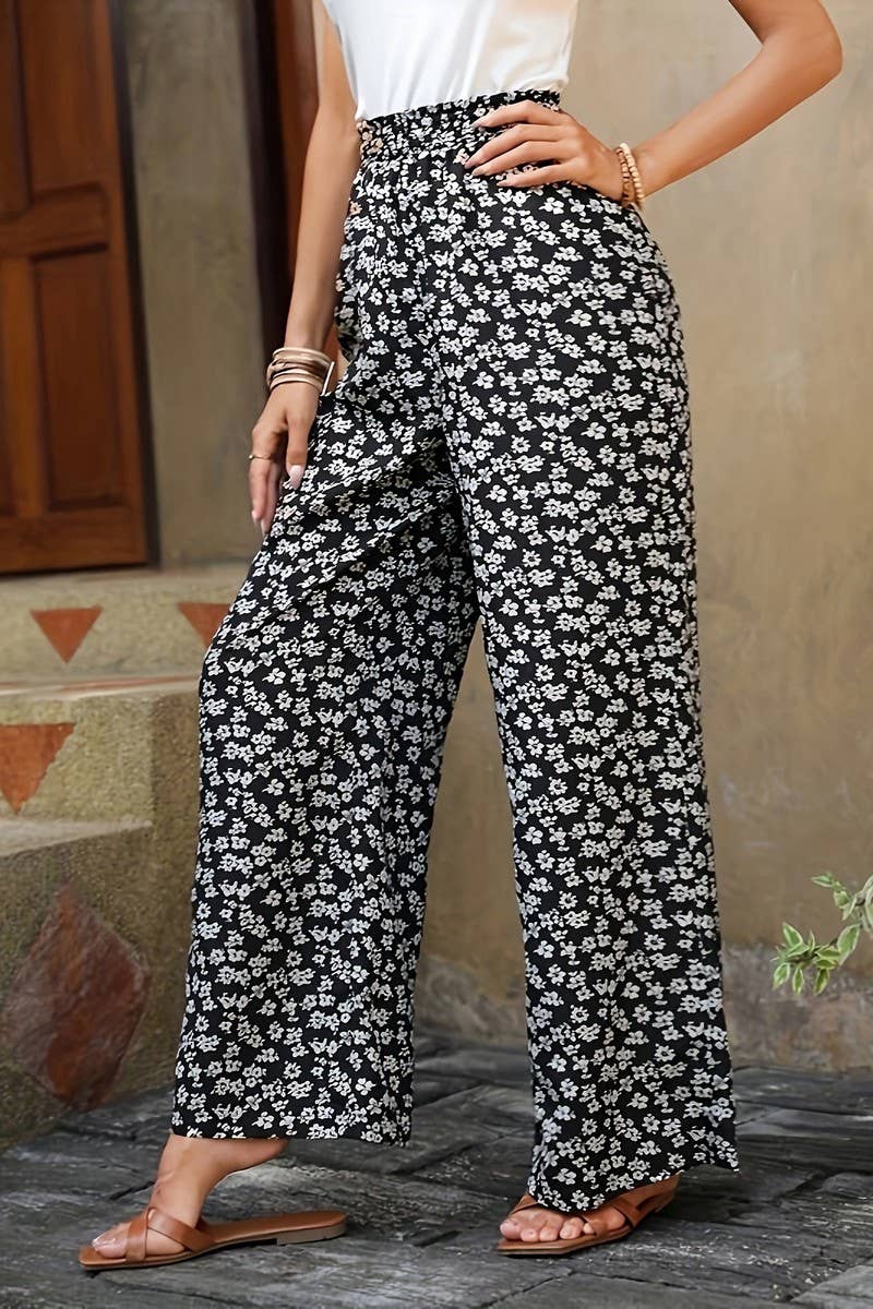 CWBLP1128_HIGH-WAISTED FLORAL LOOSE WIDE-LEG PANTS