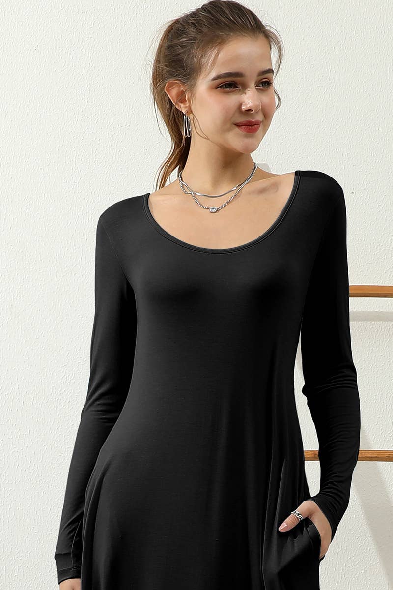 CWDMD799_R NECK LOOSE FIT MAXI DRESS WITH SIDE POCKETS