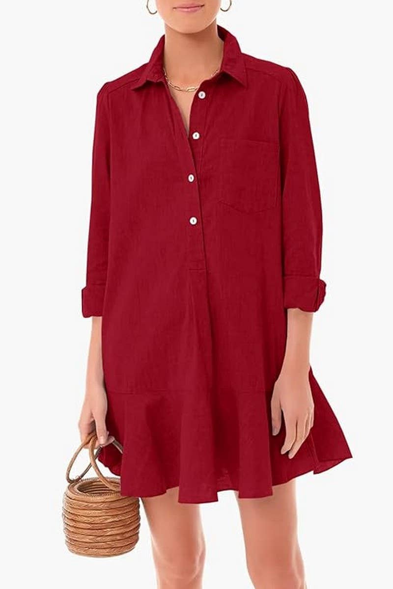 CWDSD8254_LONG SLEEVE SHIRT HEM RUFFLE DRESS