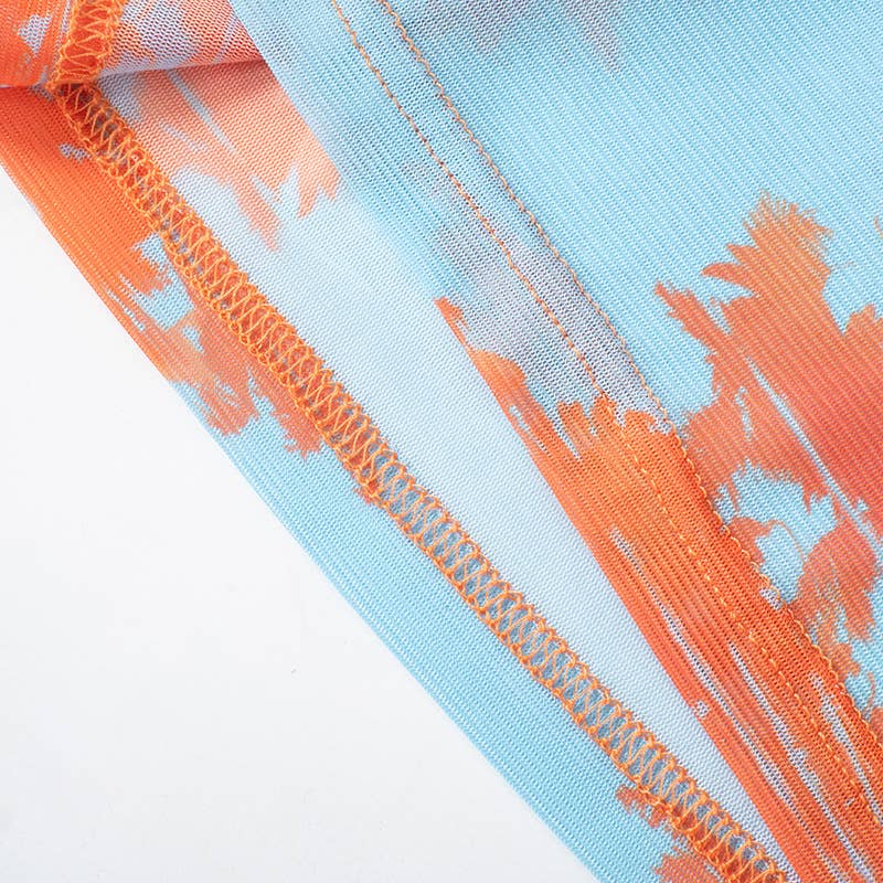 See-through mesh printed one-line collar dress