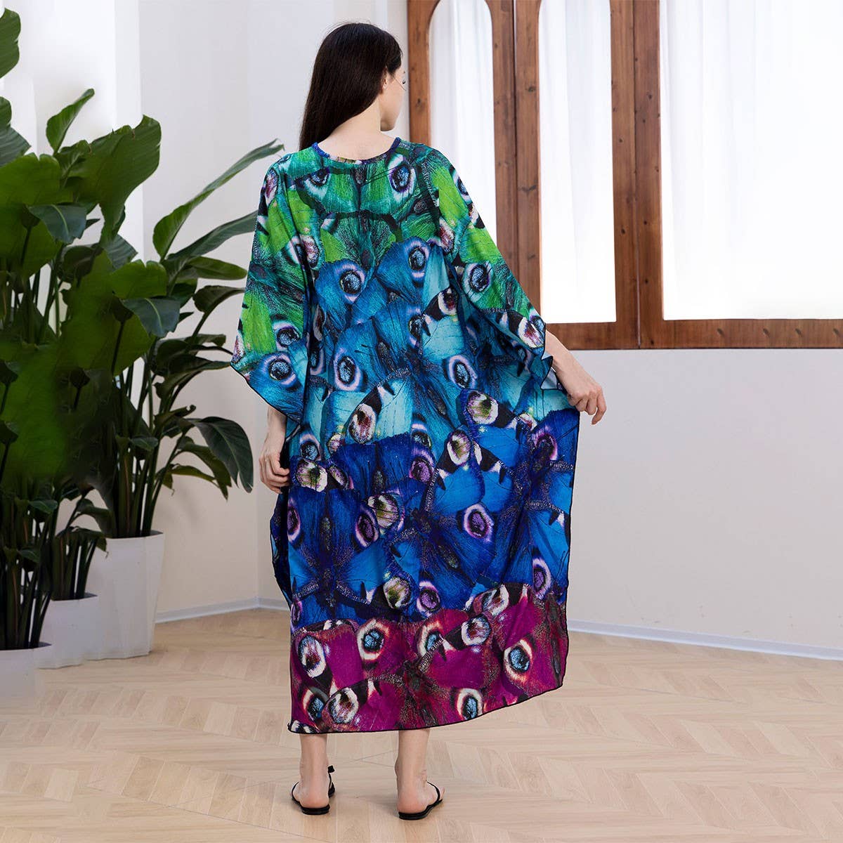 Peacock Print Beach Cover-Up Maxi Kaftan_CWMM6204