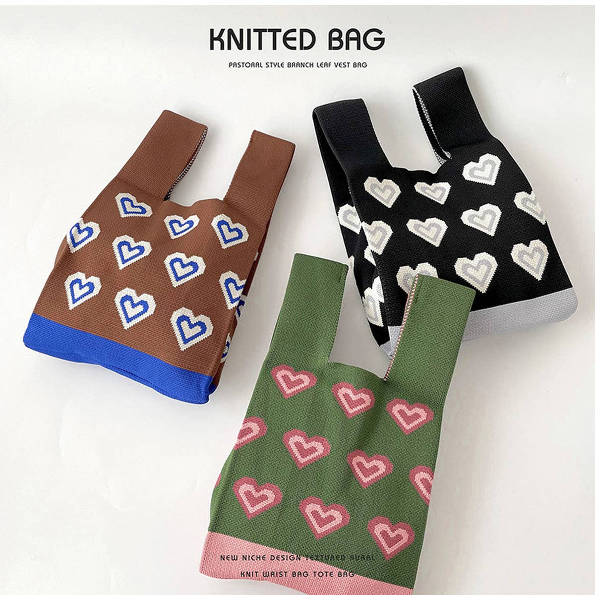 COLOR BLOCK HEART KNITTED SHOULDER TOTE BAG_CWAB1519