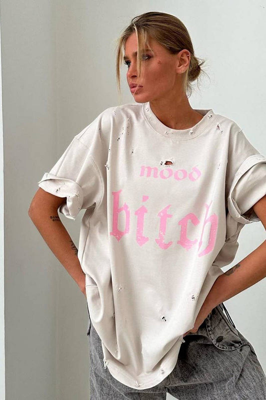 Cwtts1275_Distressed Letter Print Short-Sleeved T-Shirt