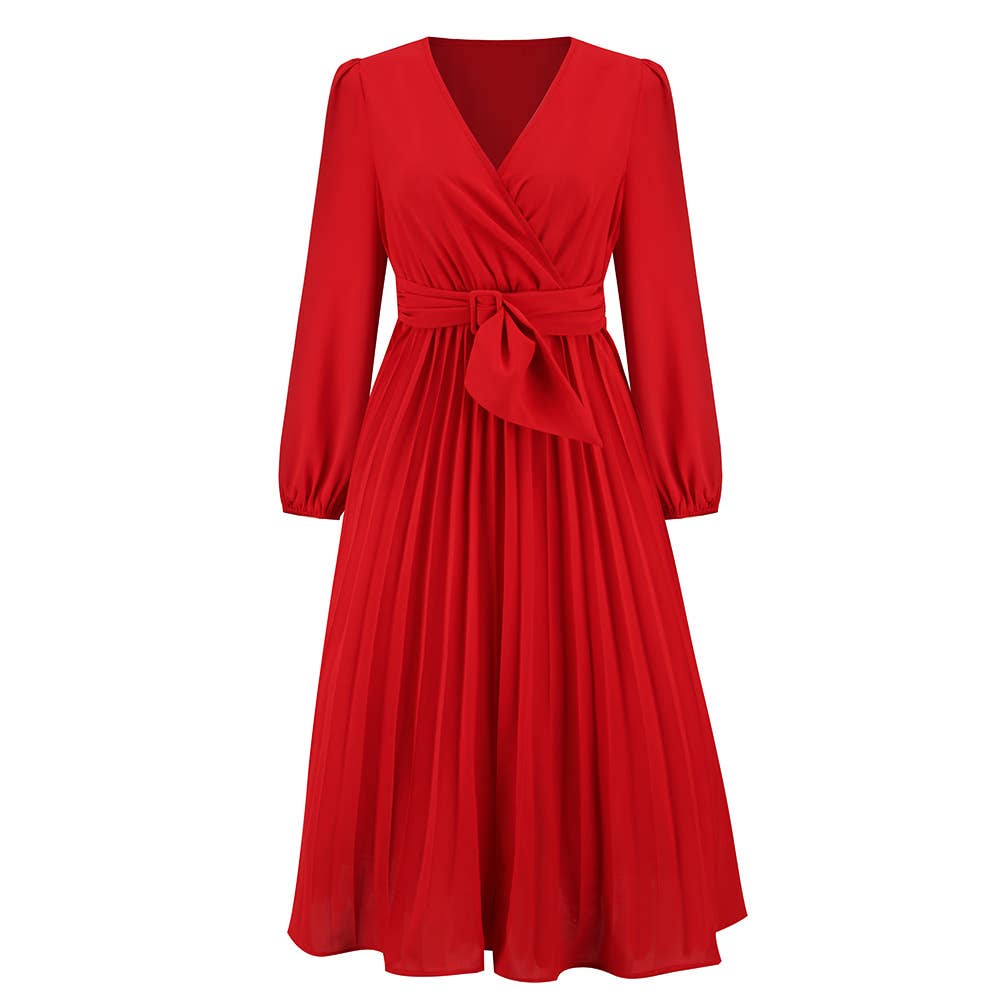 Long Sleeve Fit Pleated Waist Belt V-neck Dress