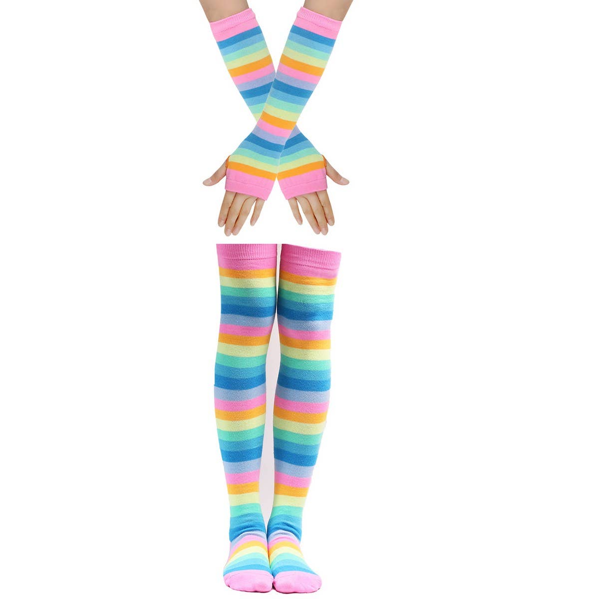 COLORFUL STRIPED KNEE SOCKS AND GLOVES SET