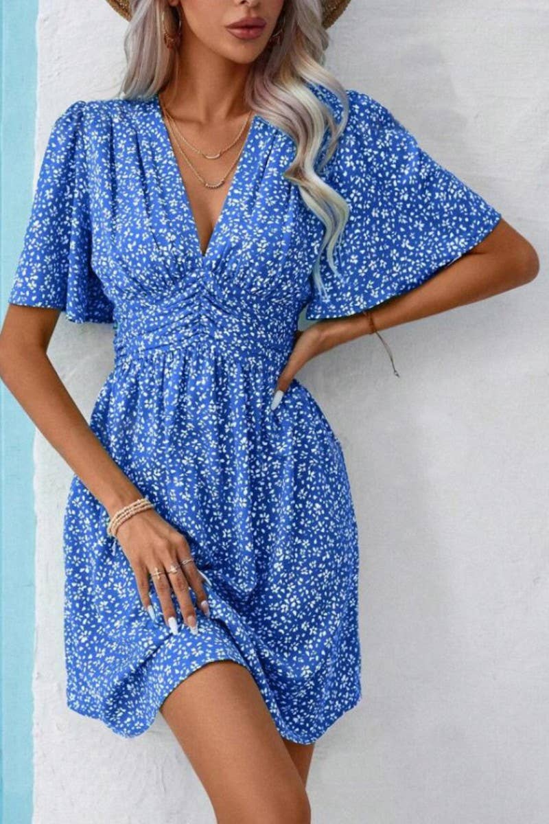 CWDSD8398_DEEP V RUFFLE SLEEVE FLORAL RUCHED VACATION DRESS